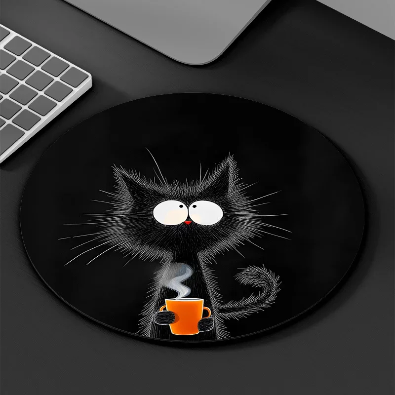 Black Cat Round Mouse Pad Durable Non Slip Rubber Mat Office Gaming Desk Pad Mouse Mat Setup Desk Accessories Mousepad Carpet