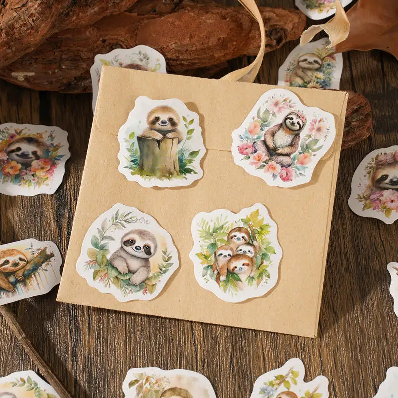 46pcs PVC Cute Cartoon Animal Sloth Collage Rich Patterns Student DIY Stationery,Cups,Mobile Phones Decoration Stickers