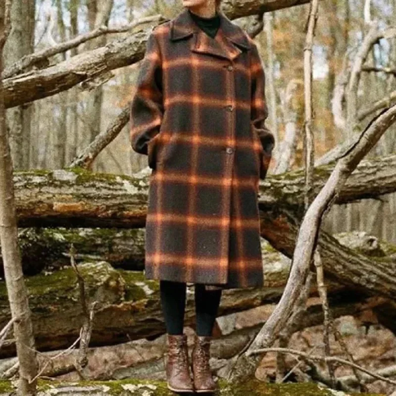 Abrigos a cuadros de manga larga con cuello en V para mujer, abrigo Vintage de una sola botonadura, abrigo elegante para mujer, abrigo suelto cálido a la moda, Otoño e Invierno