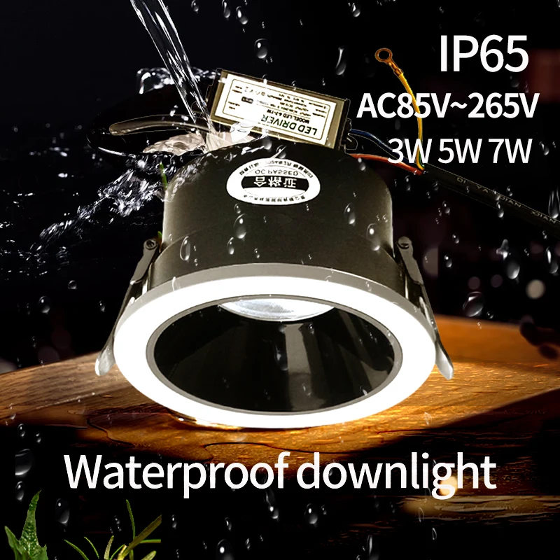 Luz descendente LED impermeable para interiores, foco empotrado para baño, AC85V-265V, 3W/5W/7W, iluminación de techo para exteriores, IP65, DC12V-26V