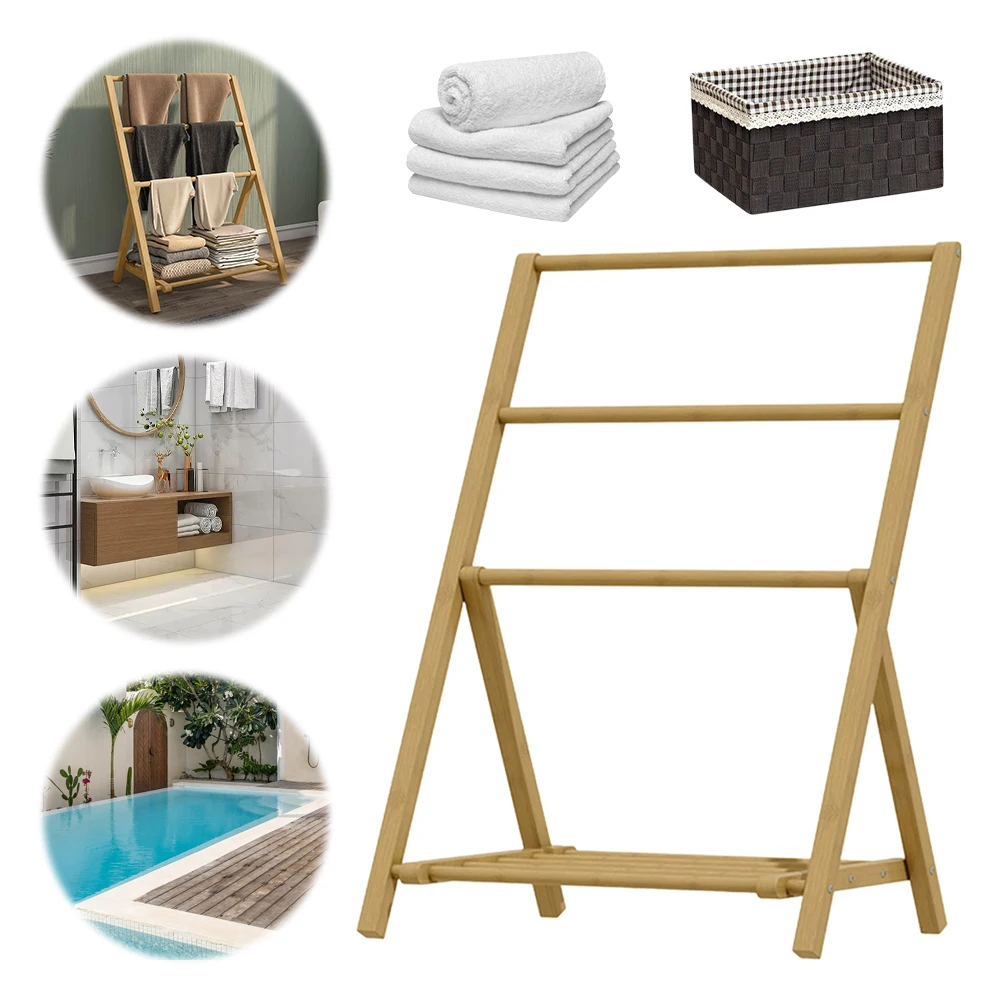 

Bamboo Freestanding Wood Hangers with Storage Shelf Quilt Display Stand Towel Holder Organizer for Shower Bathtub Swimming Pool