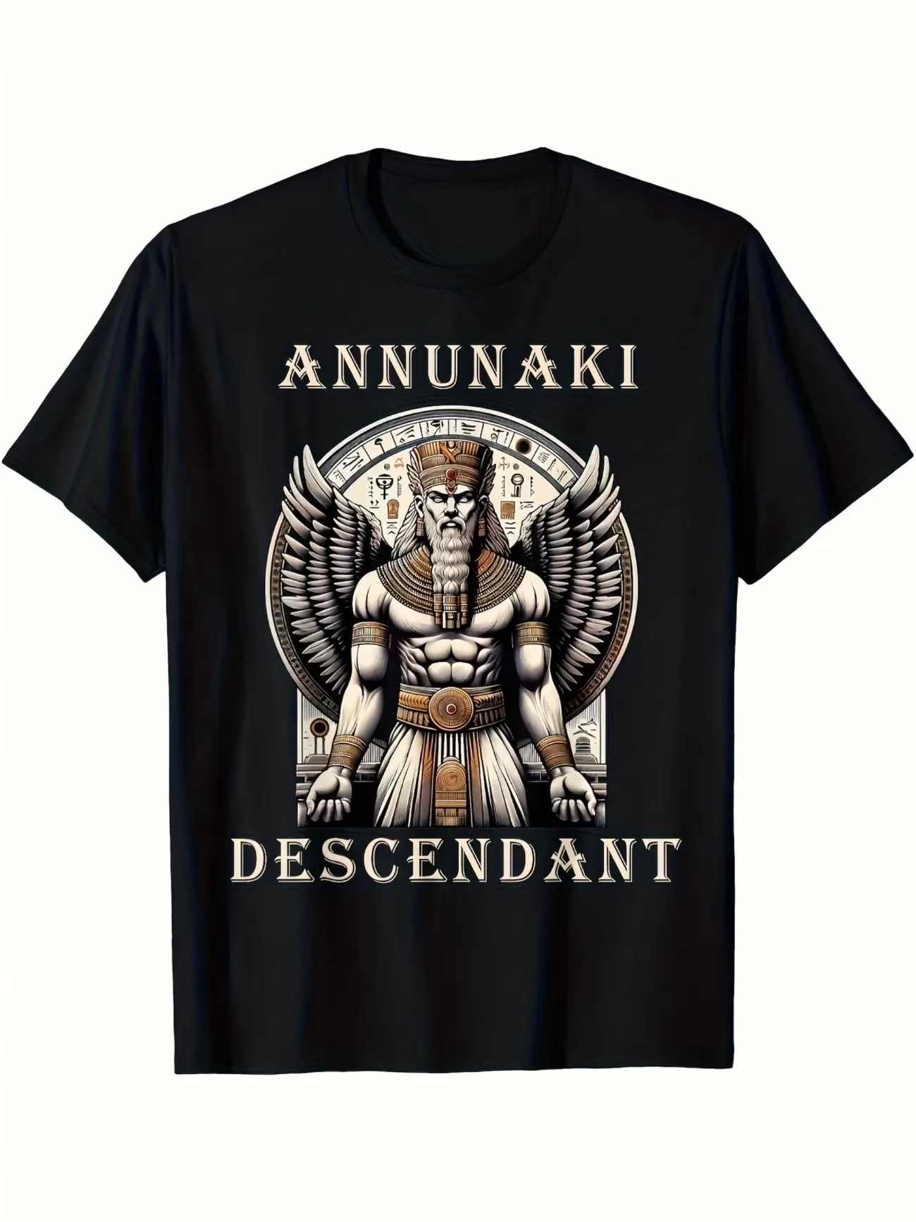 Men'S Vintage Sumerian Mythology T-Shirt Anunnaki Descendant Graphic Winged Deity Hiero Design Crew Neck Short Sleeve Tees Tops