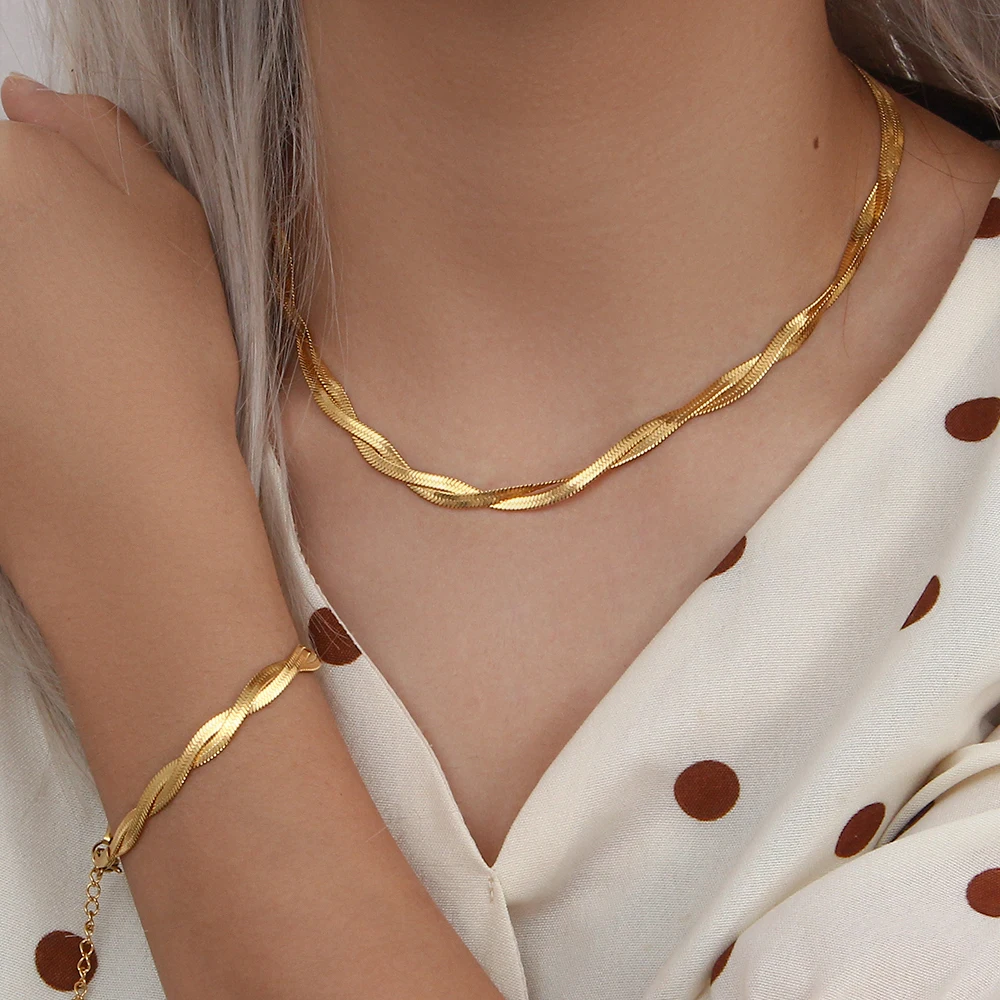 E.B.belle Gold Plated Braided New Herringbone Chain Necklace Bracelets Set Wholesale Stainless Steel Jewelry For Women