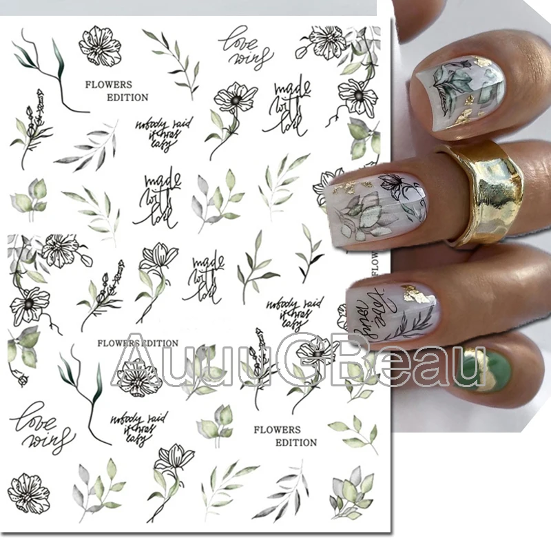 Décalcomanies 3D pour Nail Art, Autocollants Adhésifs pour Manucure, Interconnexion Rétro, Fleurs Grises, Feuilles, Lettres, Message