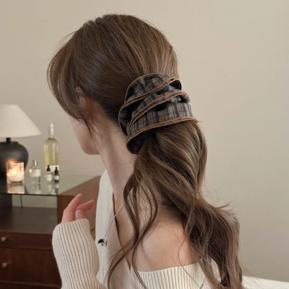 

Plaid Layered Scrunchie High Quality Elastic Hair Tie Casual Versatile Korean Fashion Ponytail Holder for Daily Home