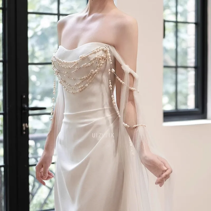 

Light Luxury Satin Sweetheart Wedding Dresses Women Korea Floor Length Corset Sleeveless Pearls Photo Shoot Corset Bridal Gown
