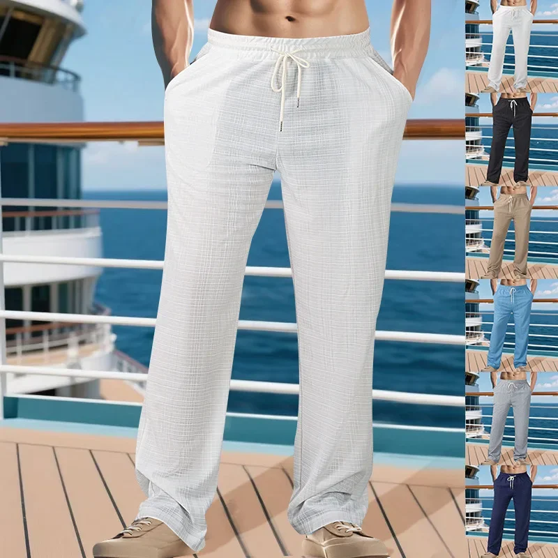 

2025 Spring summer New High-Quality Men's Breathable Imitation Linen Small Check thin Beach Pants Loose Casual Straight Pants