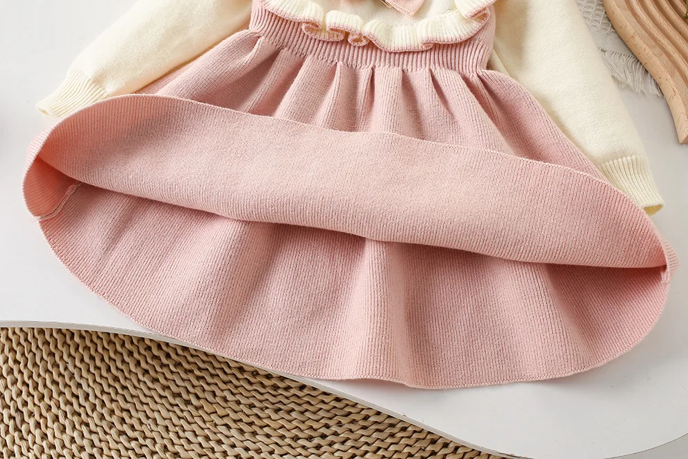 Girls Sweet Red Christmas Party Dress New Year Warm Sweater Dress Kids Clothing Long Sleeve Cute Flower Pink Knitted Dress