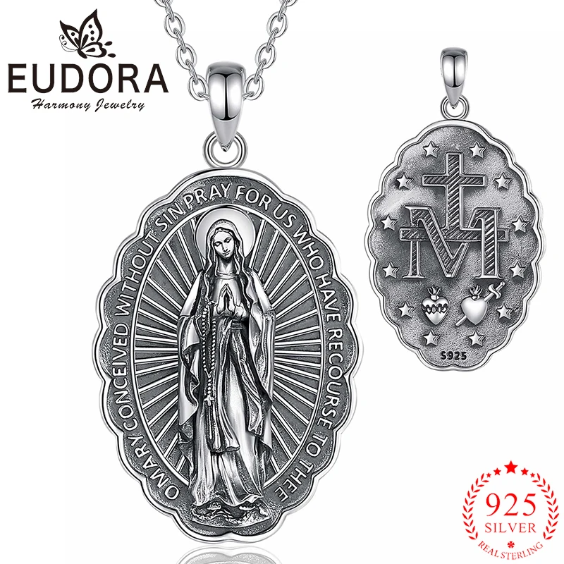 

Eudora 925 Sterling Silver Virgin Mary Patron Saint Necklace Vintage Amulet Pendant Religious Believer Jewelry for Men Women