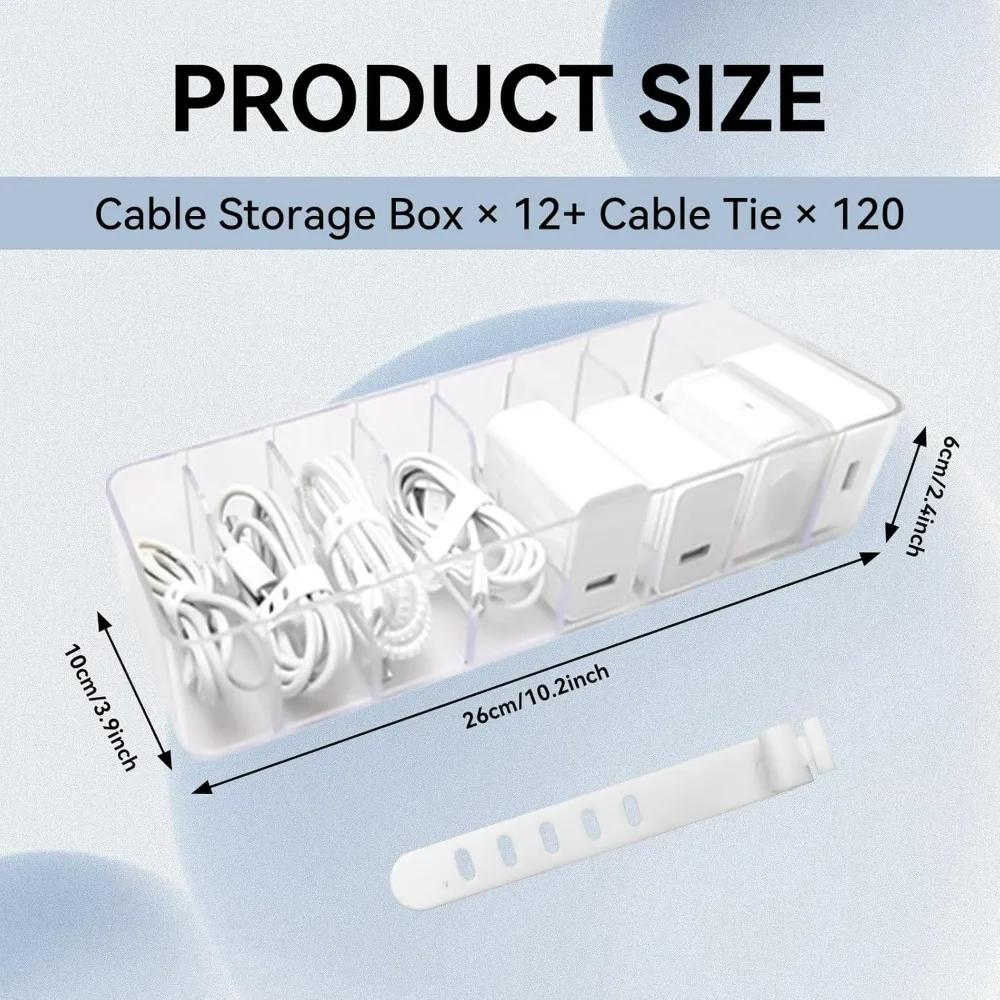 12 Pcs Clear Plastic Charger Organizer Box for Cable Storage with 120 Ties. Perfect for home and office desk organization.