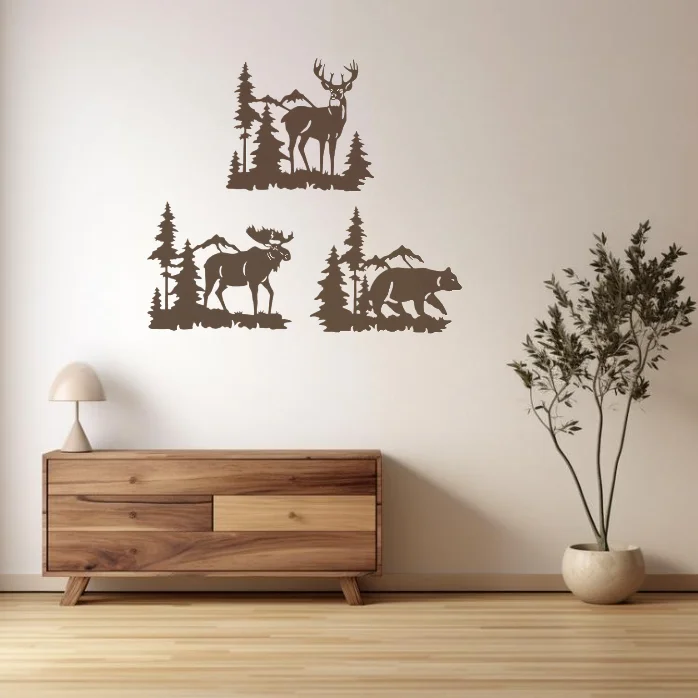 Metal Wall Art Decor Deer Bear Moose In The Forest Pine Tree, Set Of 3 Rustic Concise Decor Hanging Lodge, Cabin Wall Décor Gift