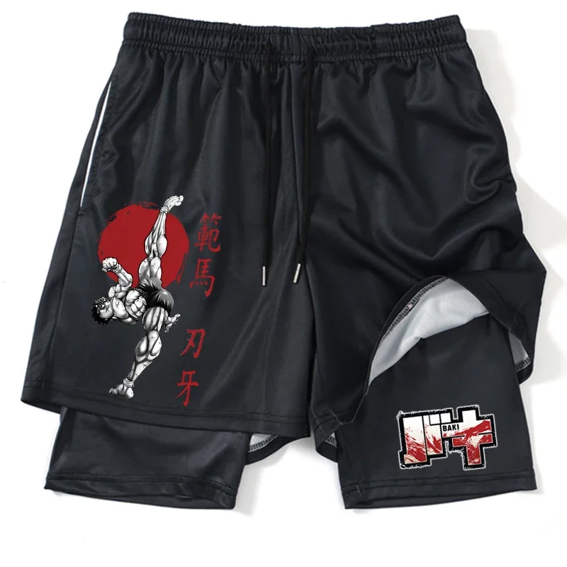 

Anime Printed Gym Shorts Black for Men 2 In1 Mesh Quick Dry Board Shorts Mens Bodybuilding Fitness Running Short Pants Summer