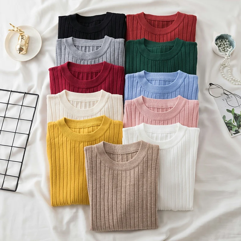 เสื้อสเวตเตอร์ไหมพรมผู้หญิง แขนยาว คอโอ ทรงเข้ารูป สไตล์เกาหลี สำหรับฤดูใบไม้ร่วงและฤดูหนาว ปี 2025