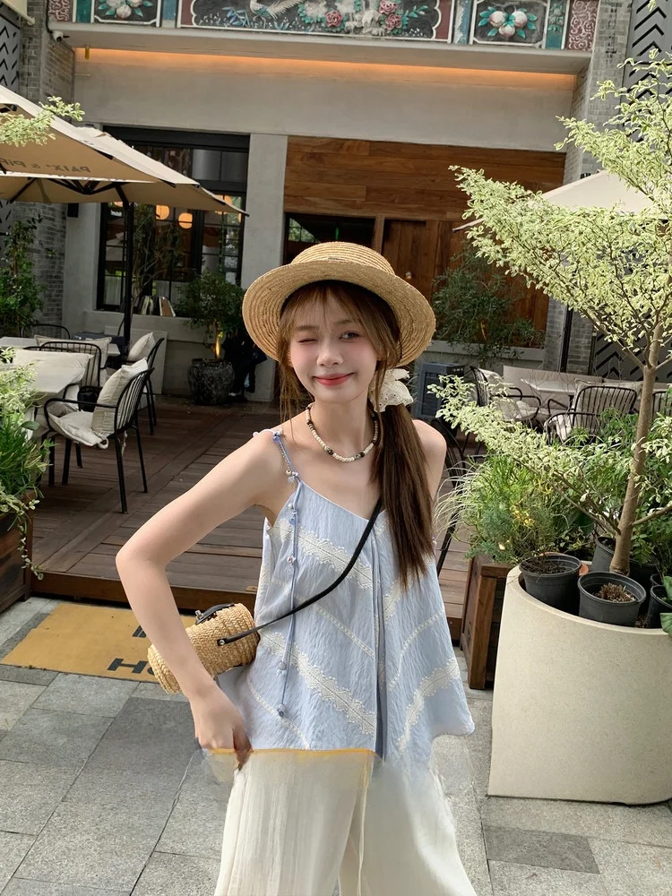 

Синий шелковый шифоновый топ-жилет для женщин, летний, повседневный, свободного кроя, из хлопка и льна, укороченный, красивый и стильный.