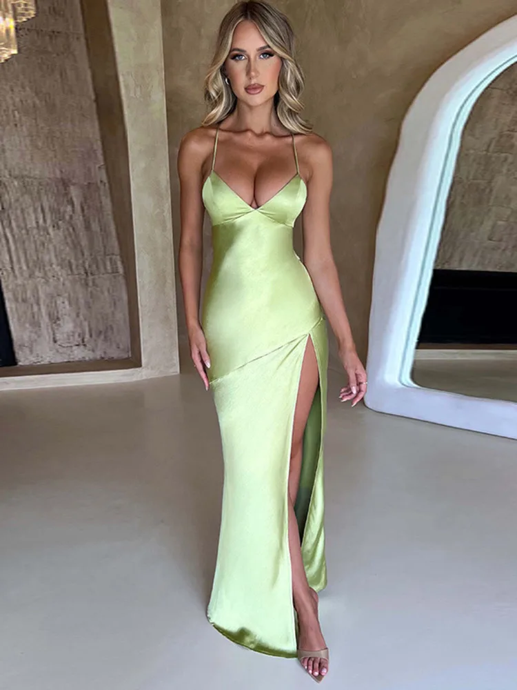 

Articat Sexy Strapless Satin Maxi Dress Women Open Back High Slit Slim Dress Women 2024Spring Summer Elegant Party Club Vestidos