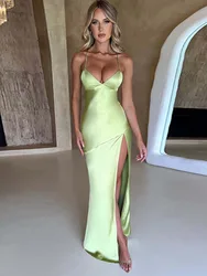 Articat Sexy Strapless Satin Maxi Dress Women Open Back High Slit Slim Dress Women 2024Spring Summer Elegant Party Club Vestidos