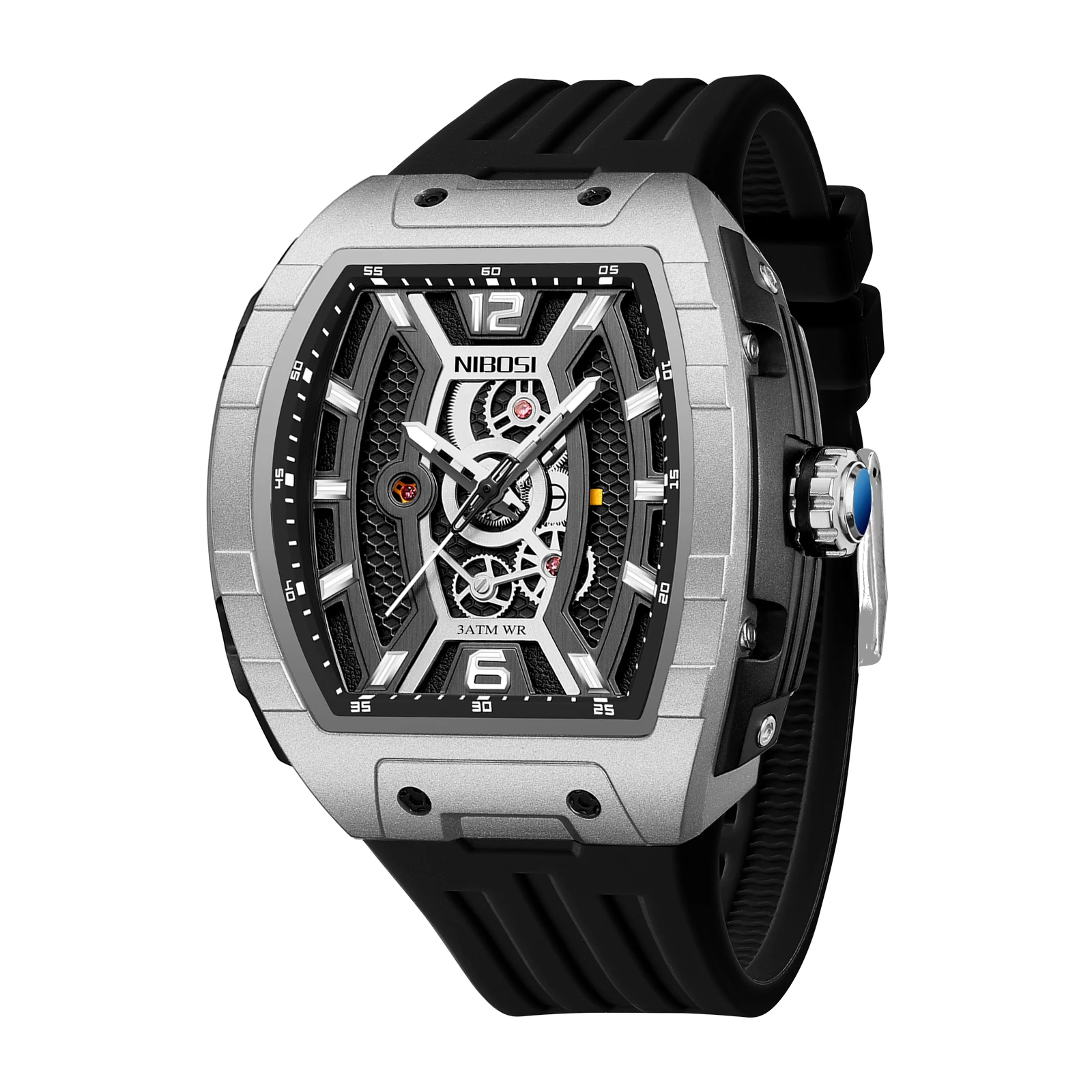 

NIBOSI аналоговые часы со скелетом для мужчин, модные роскошные автоматические кварцевые черные часы с силиконовым ремешком, светящиеся Reloj Hombre