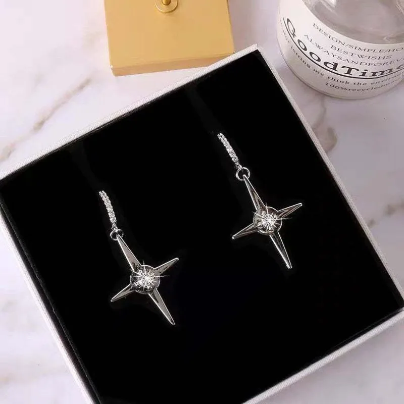 BKBK Silver Paved Zircon North Star Long Chain Dangle Women Earrings Wedding Earrings for Valentine Christmas 4th of July Trendy Minimalist Bridal Jewelry for Brides Bridesmaids Adult Ladies Night Club Dating Occasion