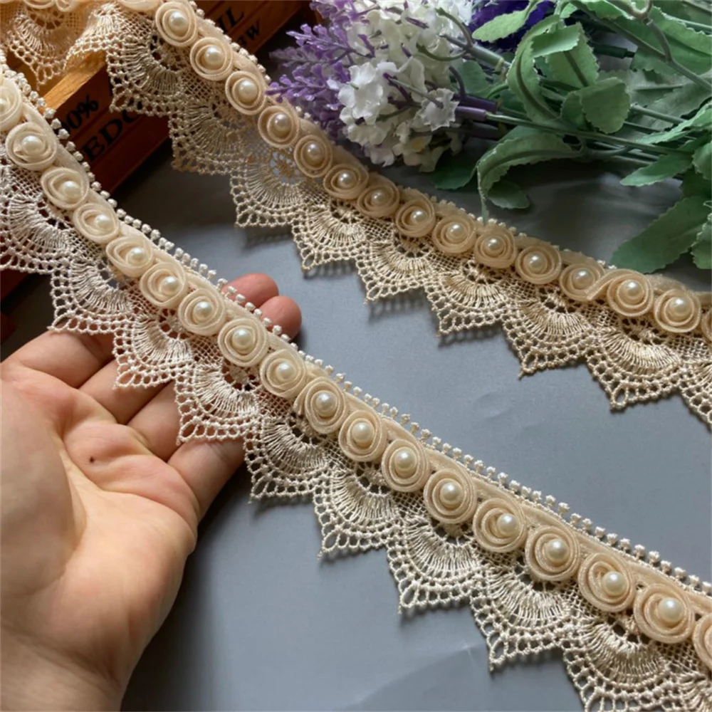 2 Yard Light Gold Ribbon Plum Flowers Pearl Lace Trimmings Ribbons Beaded Lace Fabric Embroidered Sewing Wedding Dress Clothes