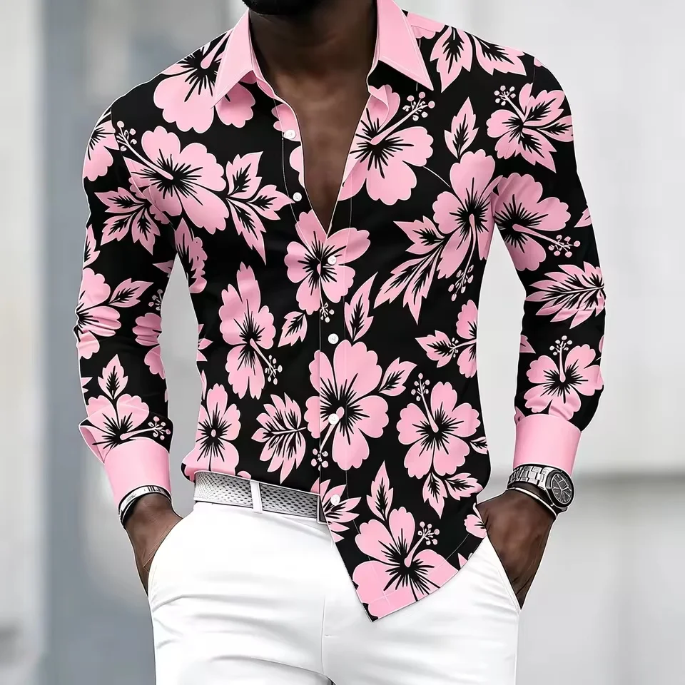Men's Slim Fit Floral Printed Long Sleeved Shirt Business Casual No Ironing Collar plus Size Fashionable Party Shirt