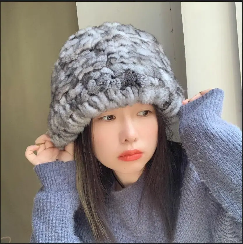 Women Natural Chinchilla Fur Hats for Women Winter Knitted Female Warm Snow Caps Ladies Elegant Soft Fluffy Beanies