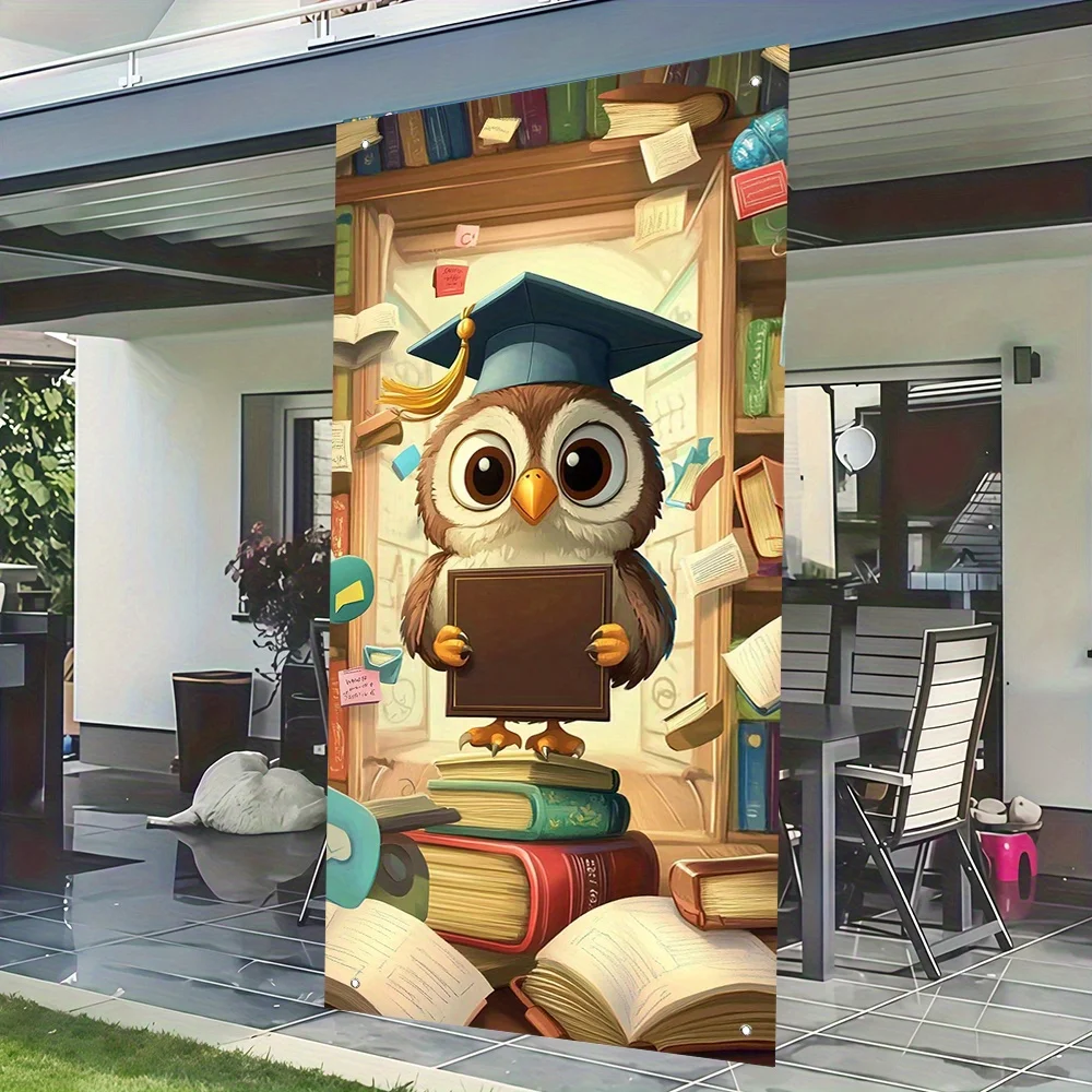 4 Grommets 1pc Graduation Owl Door Banner 90x180cm Polyester Indoor/Outdoor Party Decoration for Home School Party Decorations