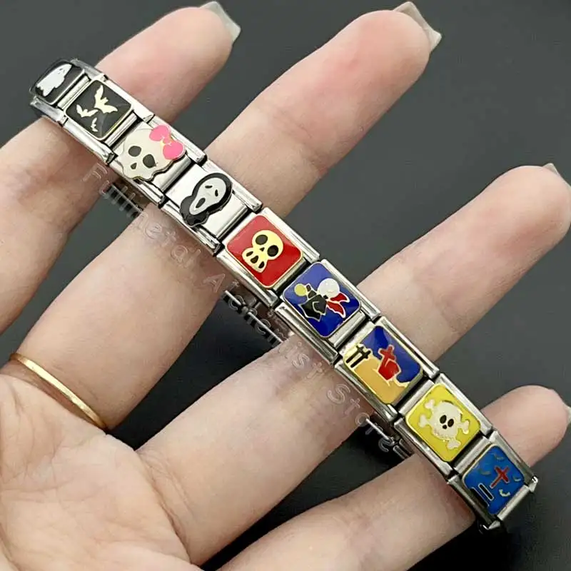 イタリアのステンレス鋼ブレスレットチャーム 9 ミリメートルモジュールハロウィン取り外し可能なゴーストパターンカップルギフトジュエリーメイキング DIY スプライシング