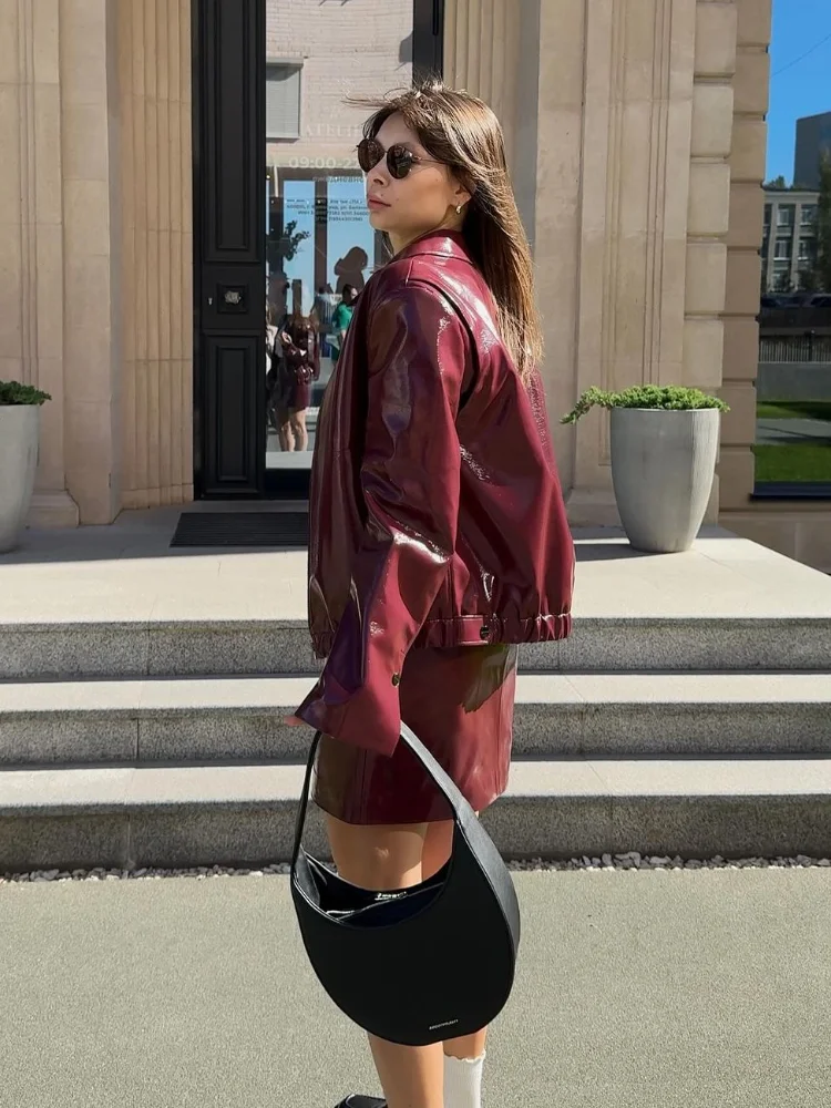 Women Elegant Ancora Red Zipper Leather Jacket 2 Piece Set Fashion High Waist Solid Cropped Mini Skirt Suit 2024 Lady Streetwear