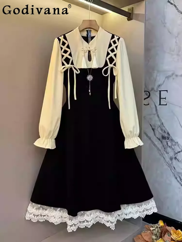 

Spring Autumn Large Size New Lace Long Sleeve Stand-up Collar Dress Women Fashion High Waist A-line Age-reducing Lace-up Dresses
