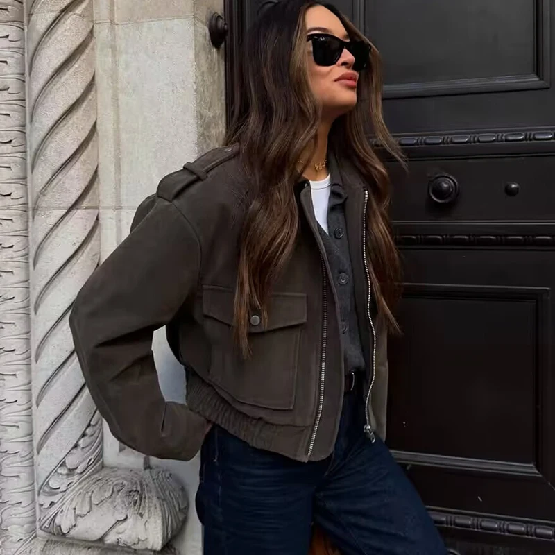 

TFMLN новая осенняя женская замшевая куртка, пальто 2025 года, повседневное пальто с длинными рукавами на молнии, шикарная женская верхняя одежда-бомбер