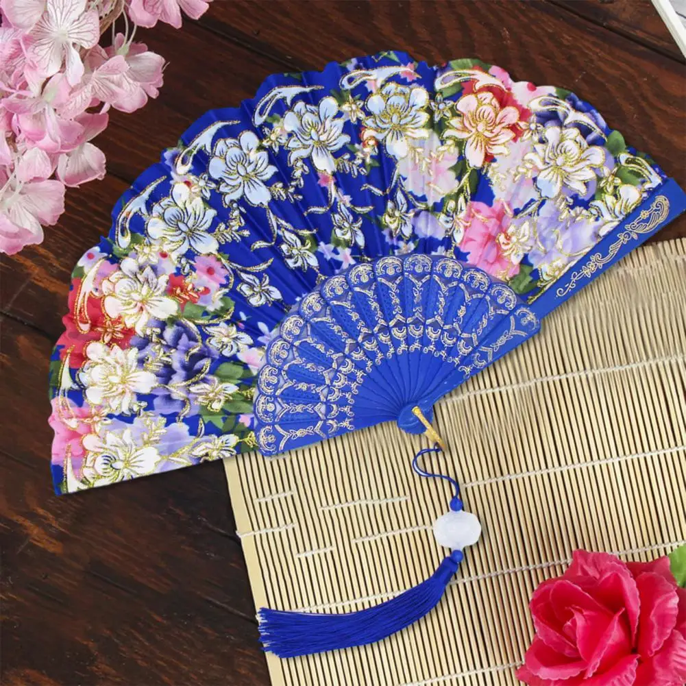 2023 Vintage Silk Fan Floral Pattern Decorative Wedding Party Chinese Japanese Bamboo Tassel Fan Dance Hand Fan abanico de mano