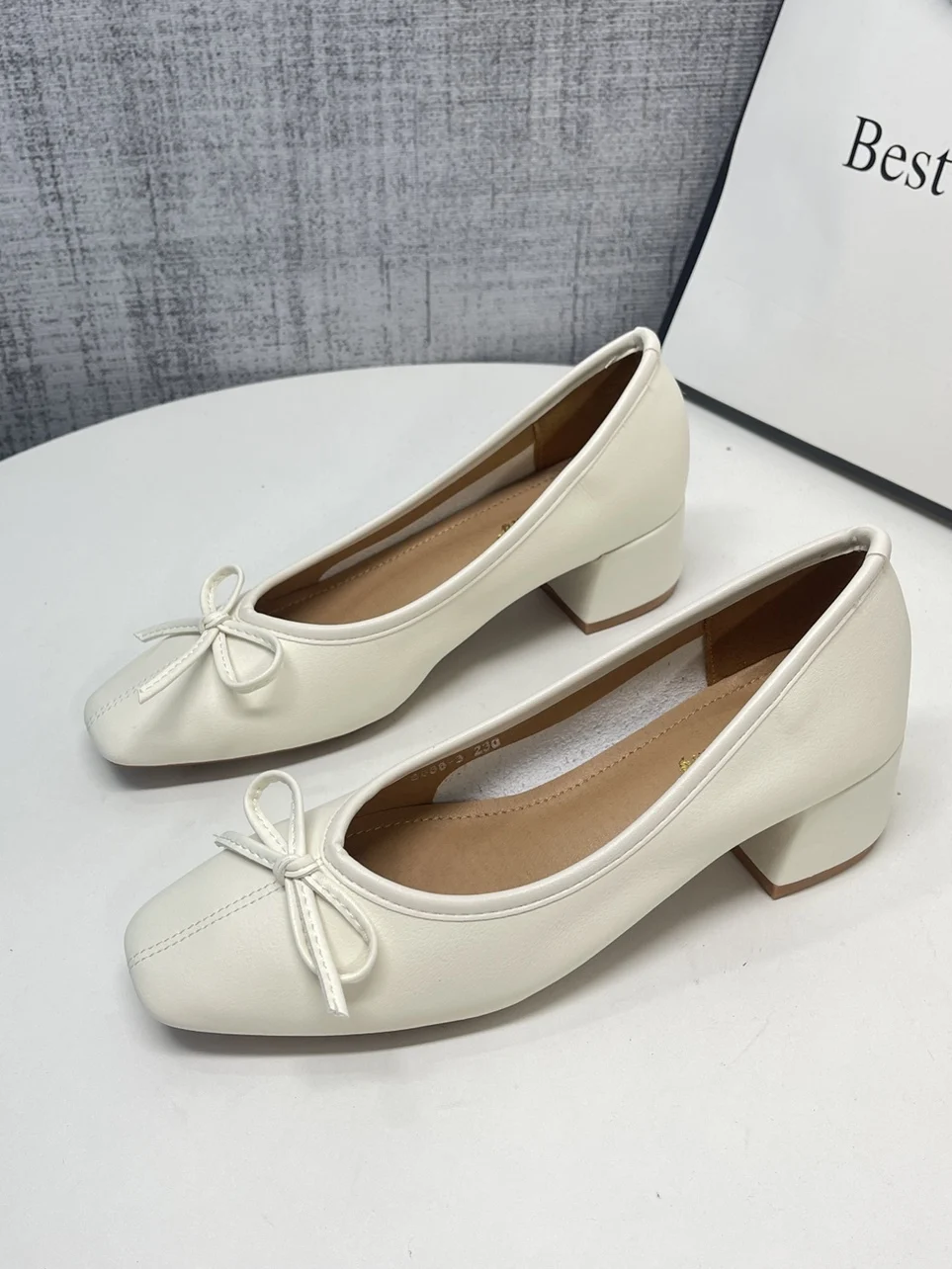 

Knot High Heels Soft Leather Chunky Heel Profional Work oes Casual Slip-On round Toe Leather Single oes