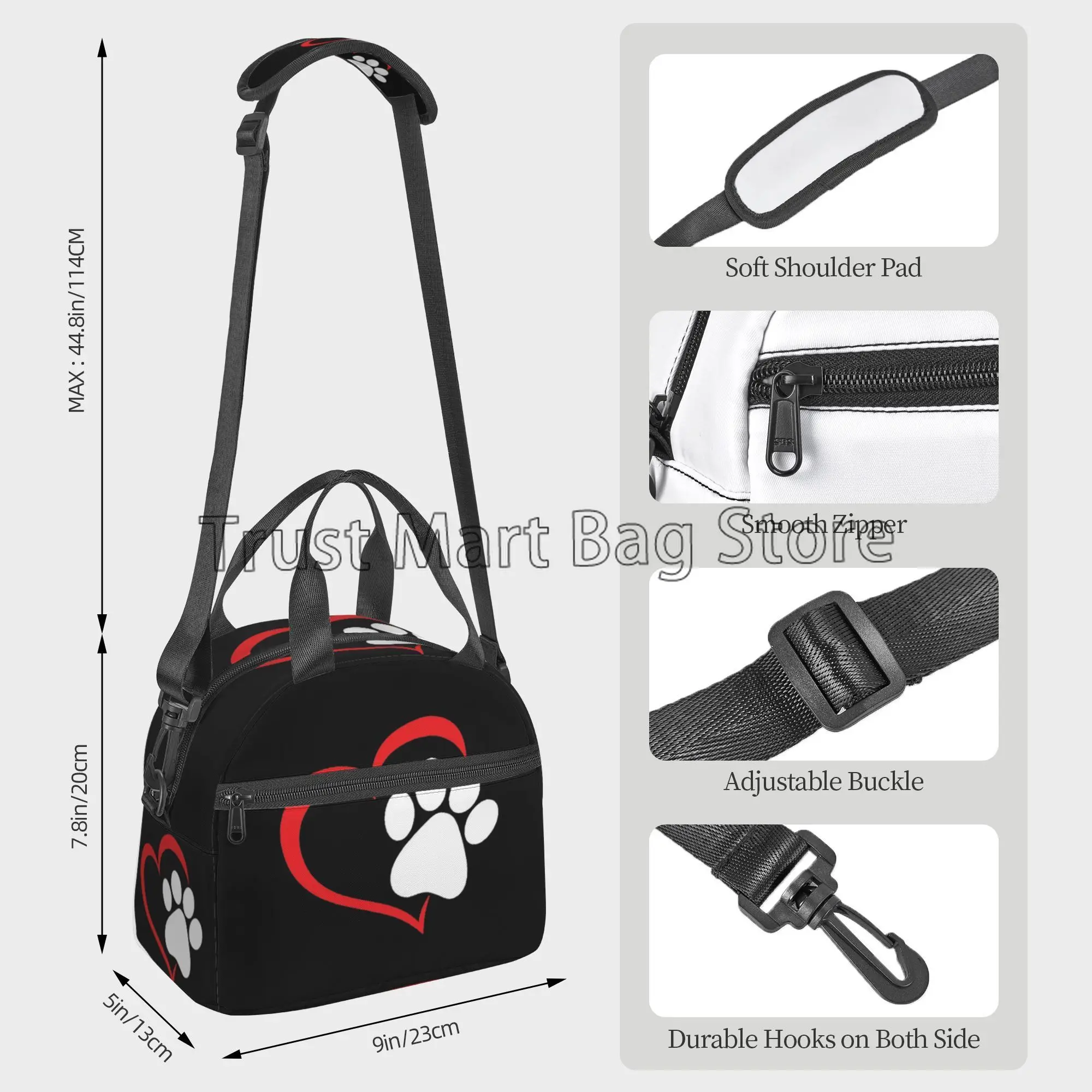 Dog Paw Insulated Lunch Bag for Kids Women Red Love Heart Puppy Paw Lunch Box with Shoulder Strap Resuable Thermal Bento Bag