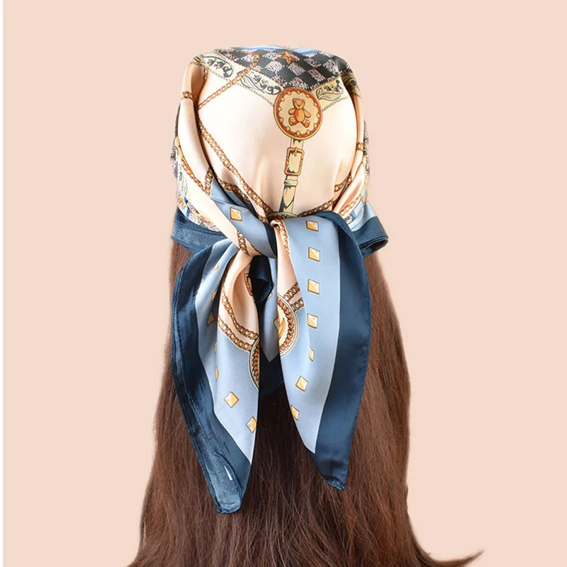 Luxury Design Skinny Silk Square Scarf Women Chain Print Foulard Neckerchief Lady Soft Satin Hairband Head Hijab Bag Ribbon Gift