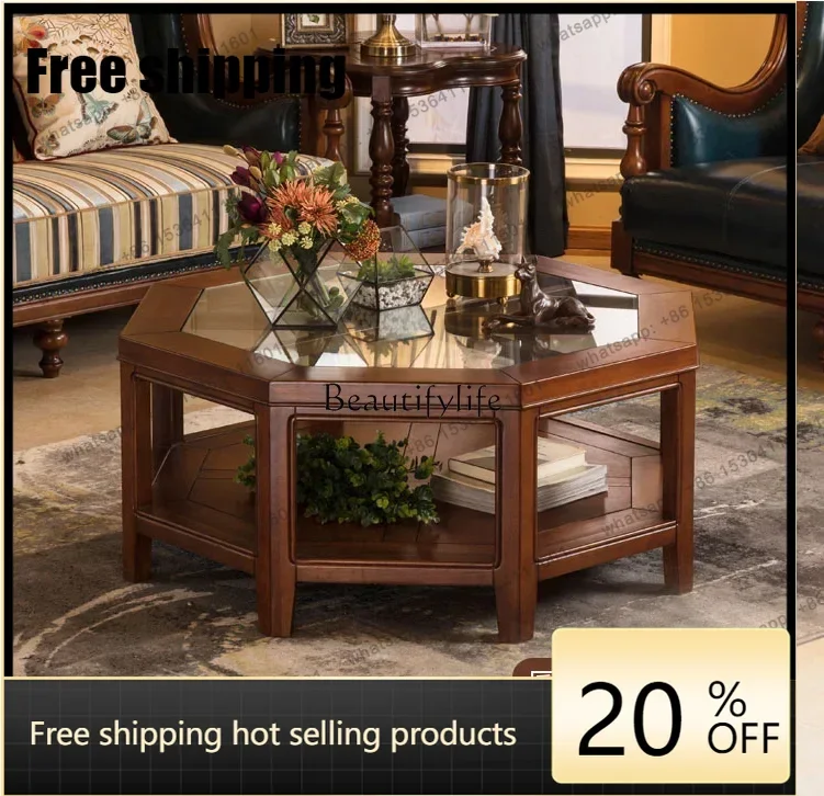 LD American Solid Wood Coffee Table Glass Round Living Room Mini Decoration Creative Star Anise Machine