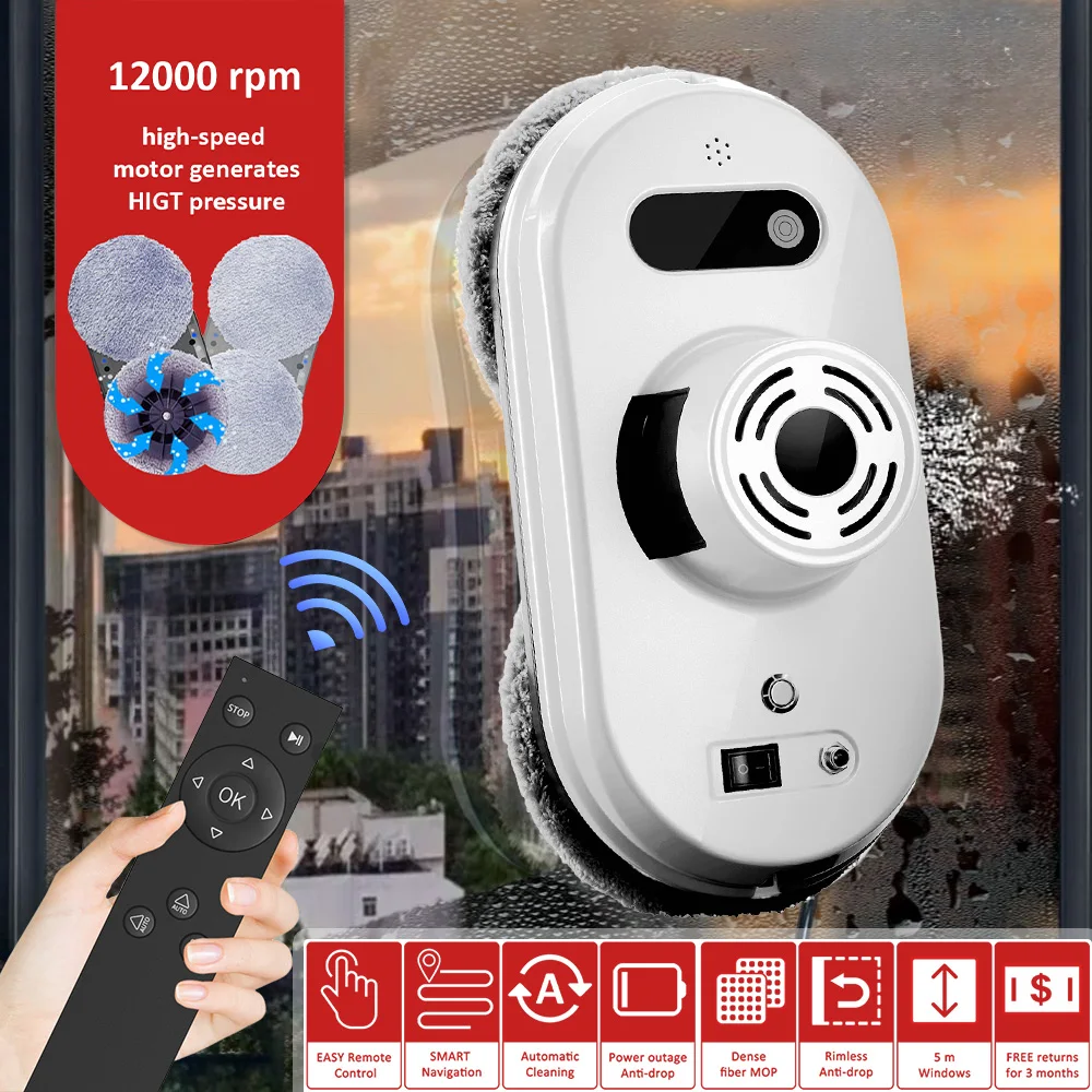 Robot de nettoyage automatique par pulvérisation d'eau pour vitres domestiques, aspirateur avec télécommande, essuie-glace électrique, 6000Pa
