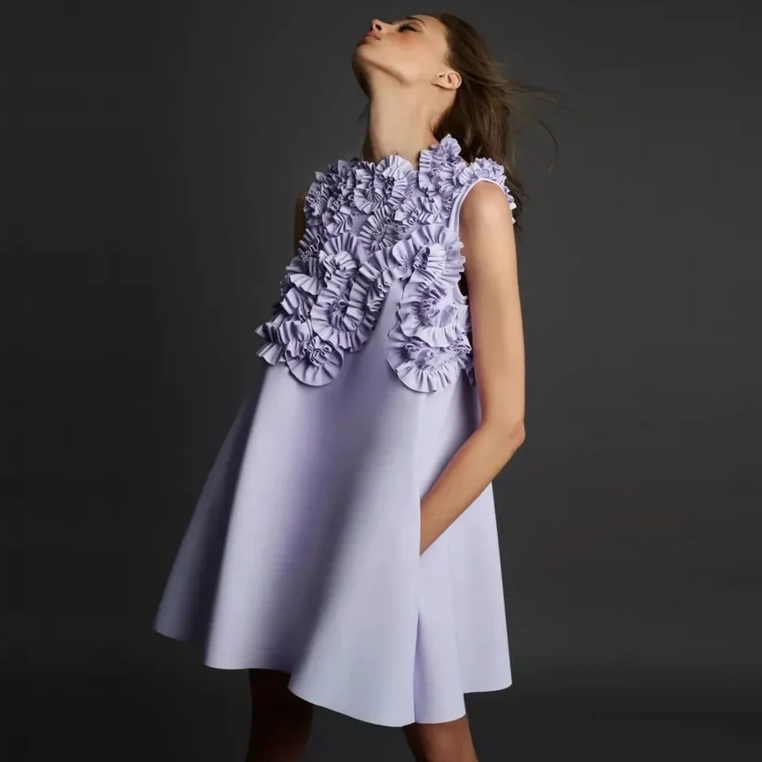 

فساتين كوكتيل Handmade Floral Mini Dress vestidos de cóctel Lilac Chic Short Prom Dresses with Pockets Trendy Fashion Ruffled