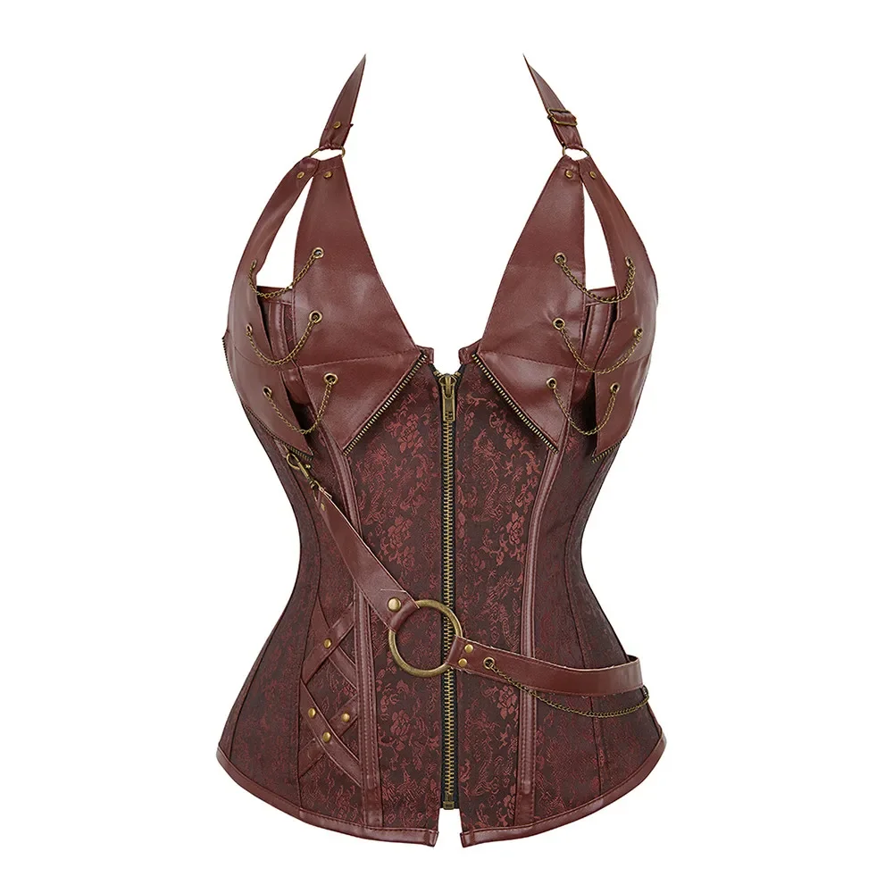 Brown Corset Women Zipper Brocade Steampunk Bustier Top Halter Vintage Outerwear Corselet Overbust Pirate Costume Black