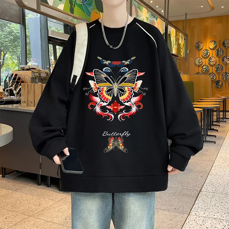

Trendy round Neck Sweatshirt Men's Black Heavyweight Autumn Winter Print Casual Comfortable Long Sleeve Streetwear