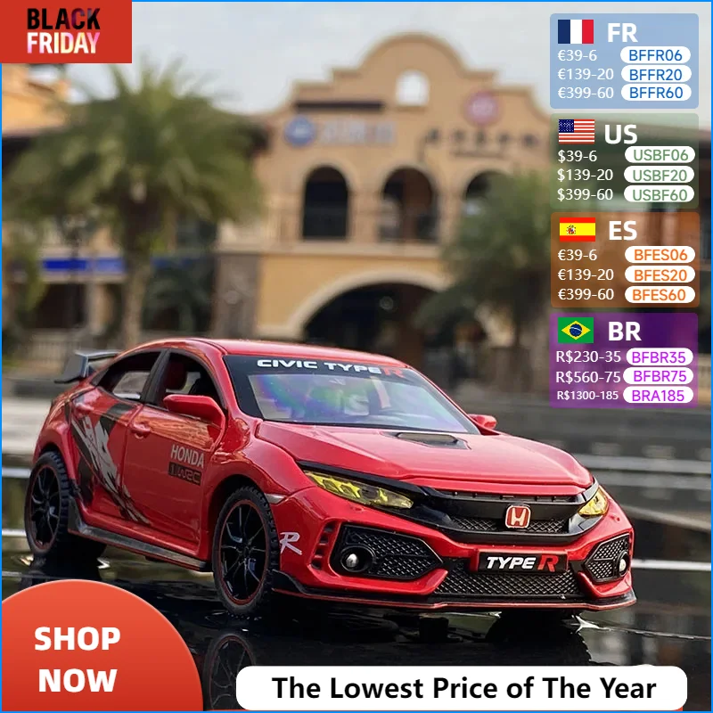 1:32 HONDA CIVIC TYPE R Alloy Sports Car Model Diecasts & Toy Vehicles Metal Car Model Sound and Light Collection Kids Toy Gift