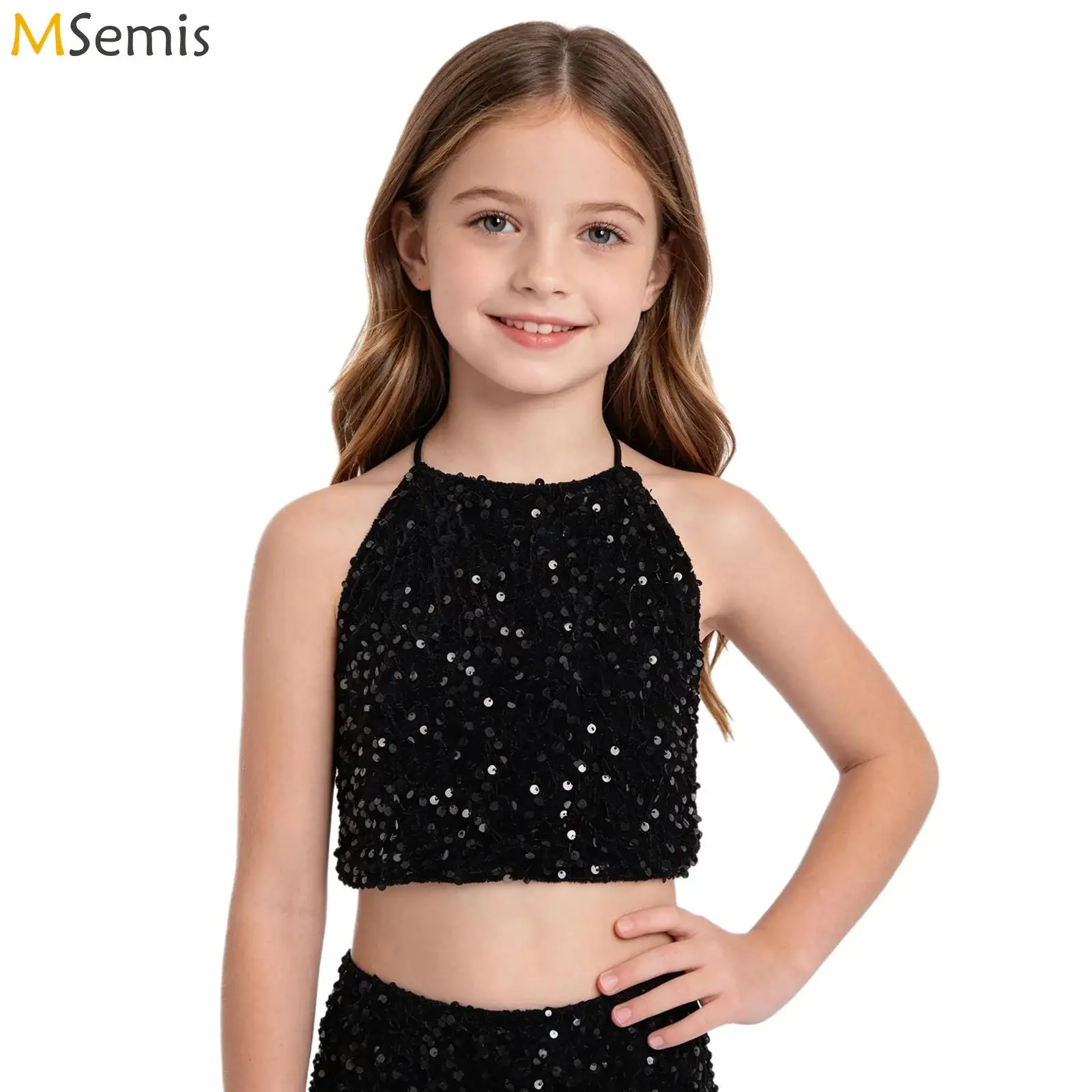 

Kids Girls Jazz Dance Tops Hip-hop Performance Costume Sleeveless Cross Back Sparkling Sequins Velvet Crop Top