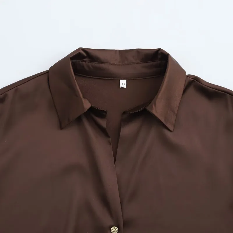 Camicie da donna Colletto rovesciato Camicetta ampia monopetto Primavera Nuova moda Camicetta con texture in raso di seta per top da donna