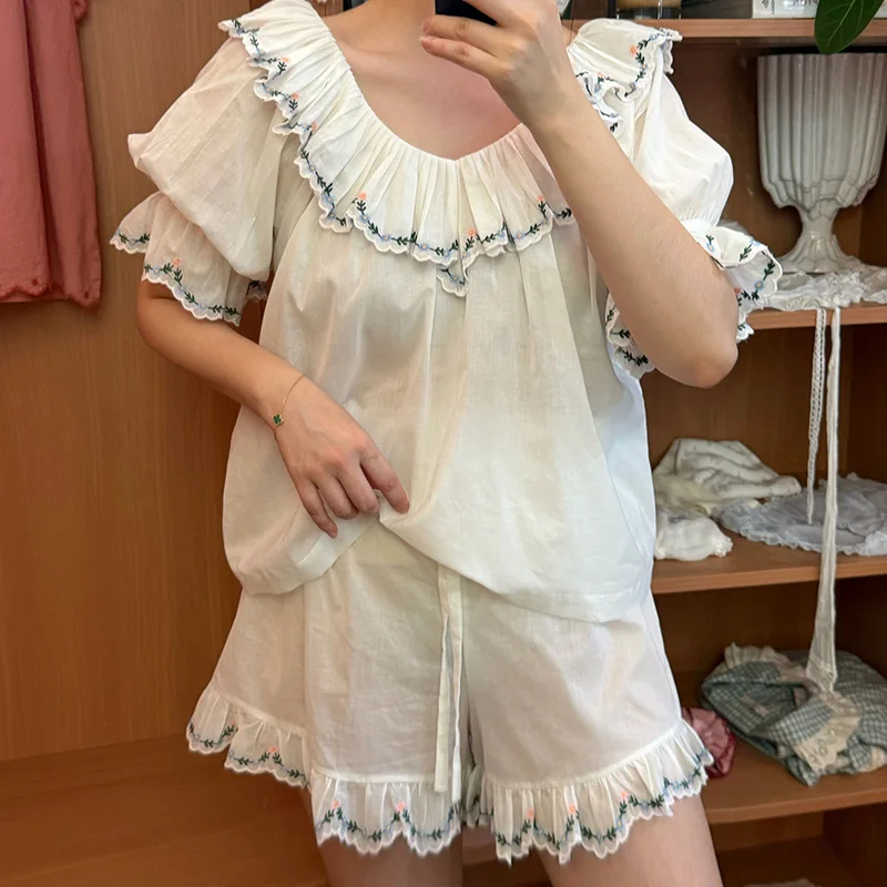 Women Retro Sweet Princess Nightgown Summer French Fairy Style Cotton Lace Princess Nightwear Pajamas Sets Sleepwear