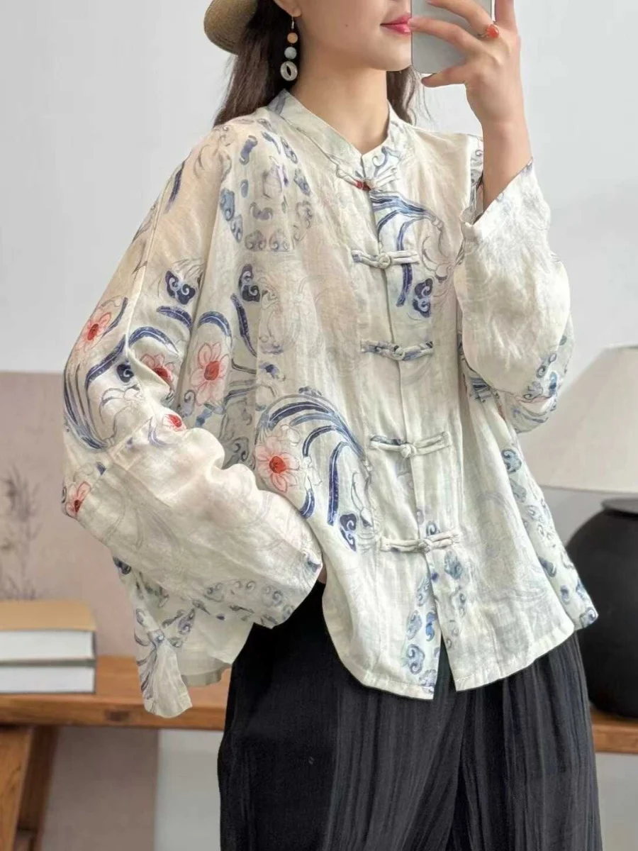 Nova tendência nacional chinesa Sle botão de impressão de linho longo Sve feminino verão solto proteção solar Top irt Commute Retro Lo...