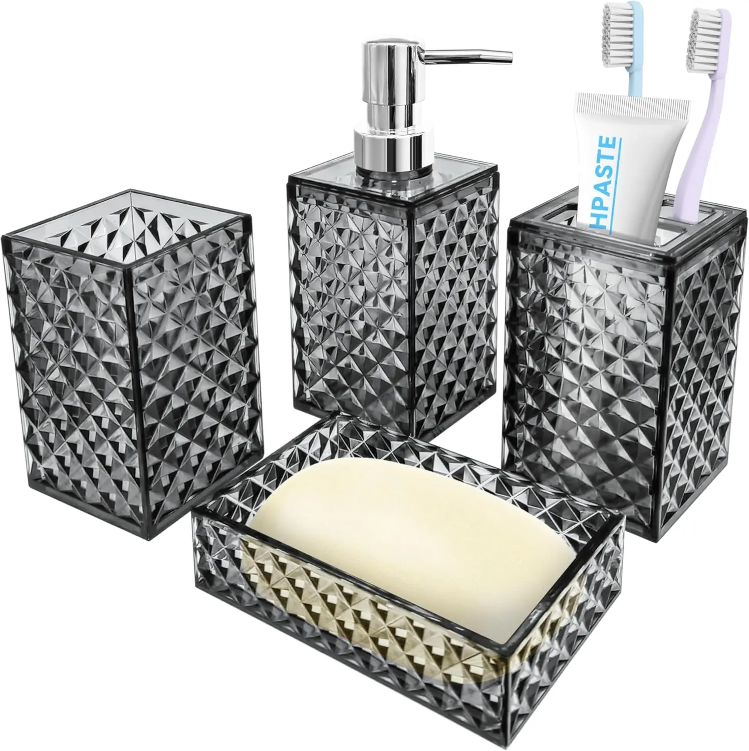 

4-Piece Grey Plastic Bathroom Accessory Set with Diamond Pattern, Soap Dispenser & Toothbrush Holder