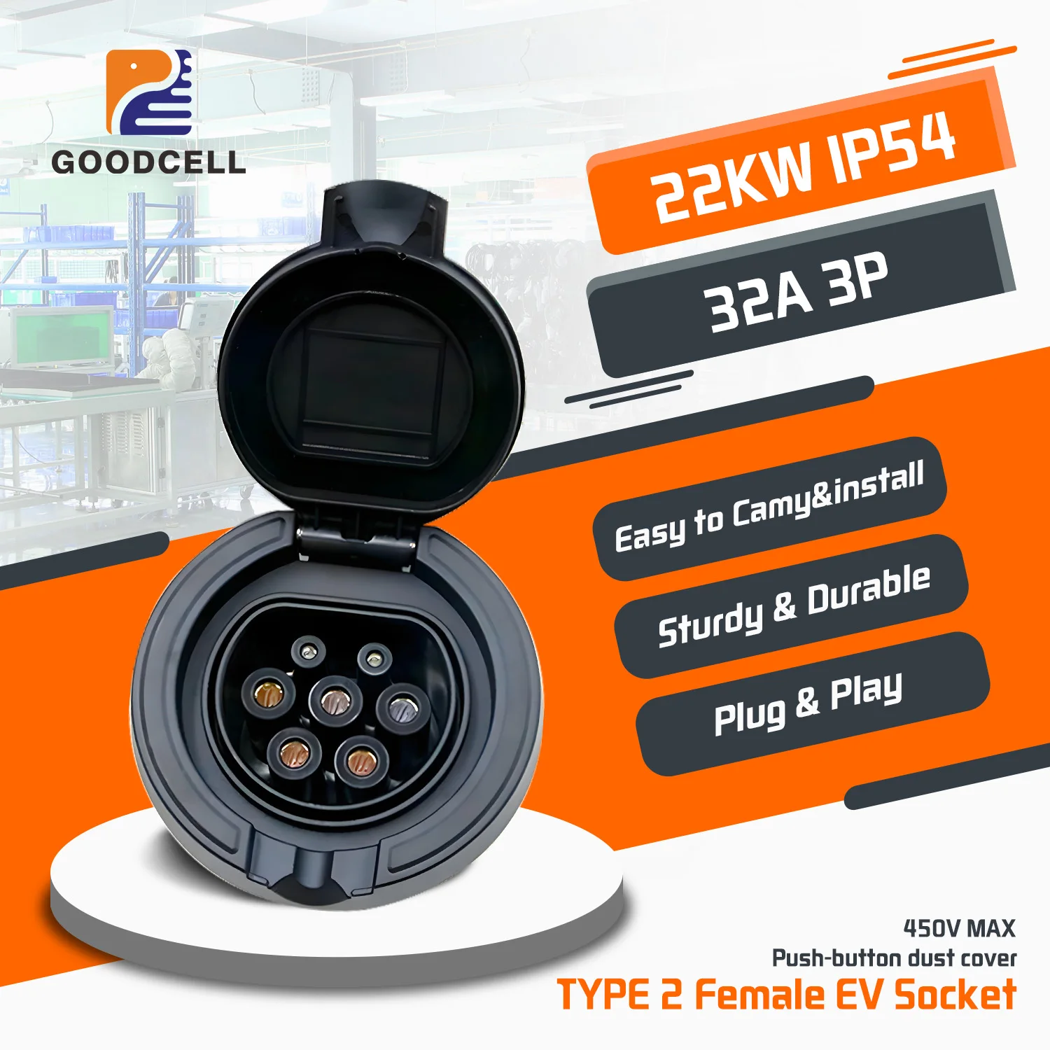 

Гнездо GOODCELL 22 кВт, розетка для зарядного устройства для электромобилей, установленная в Type 2, IEC 62196-2, зарядная станция для электромобилей 16A, 32A, одинарная, трехфазная