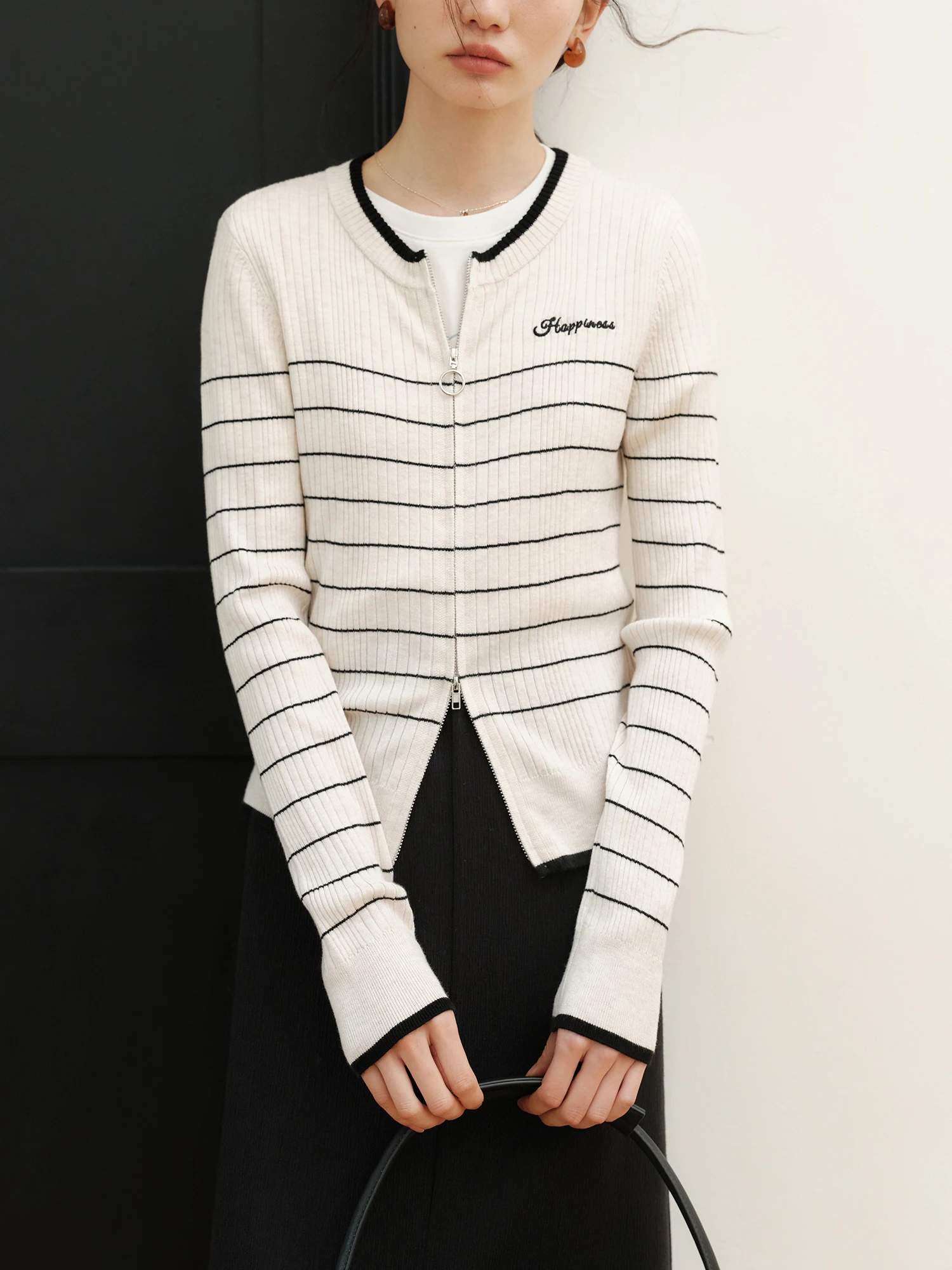 ZIQIAO Petite Size Striped Wool Knitted Sweater for Women 2024 Autumn Collection New Double Zipper Women Sweater 24ZQ93211