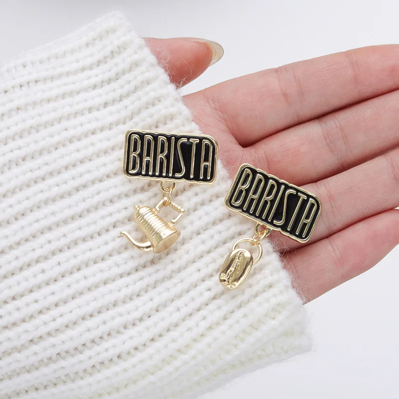 Barista Enamel Pins Custom Brooches with Pendant Coffee Mug Pot Bean Lapel Badges Vintage Jewelry Gift for Kids Friends