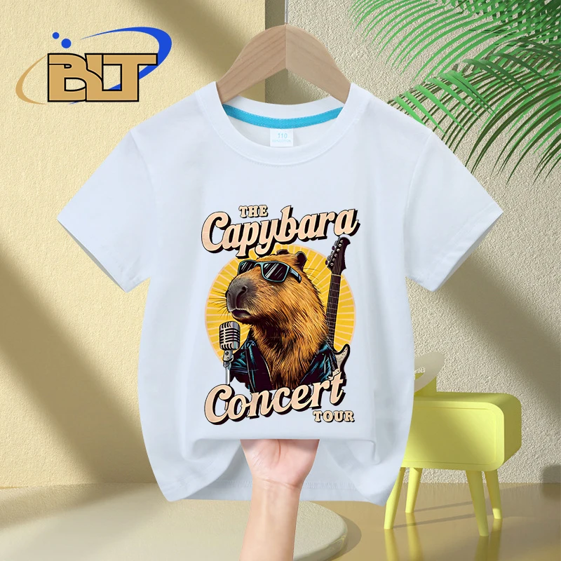 Capybara เสื้อยืดพิมพ์ลายการ์ตูนสำหรับเด็ก, เสื้อยืดลำลองแขนสั้นผ้าคอตตอนสำหรับทัวร์คอนเสิร์ตฤดูร้อนสำหรับเด็กผู้ชายและเด็กผู้หญิง