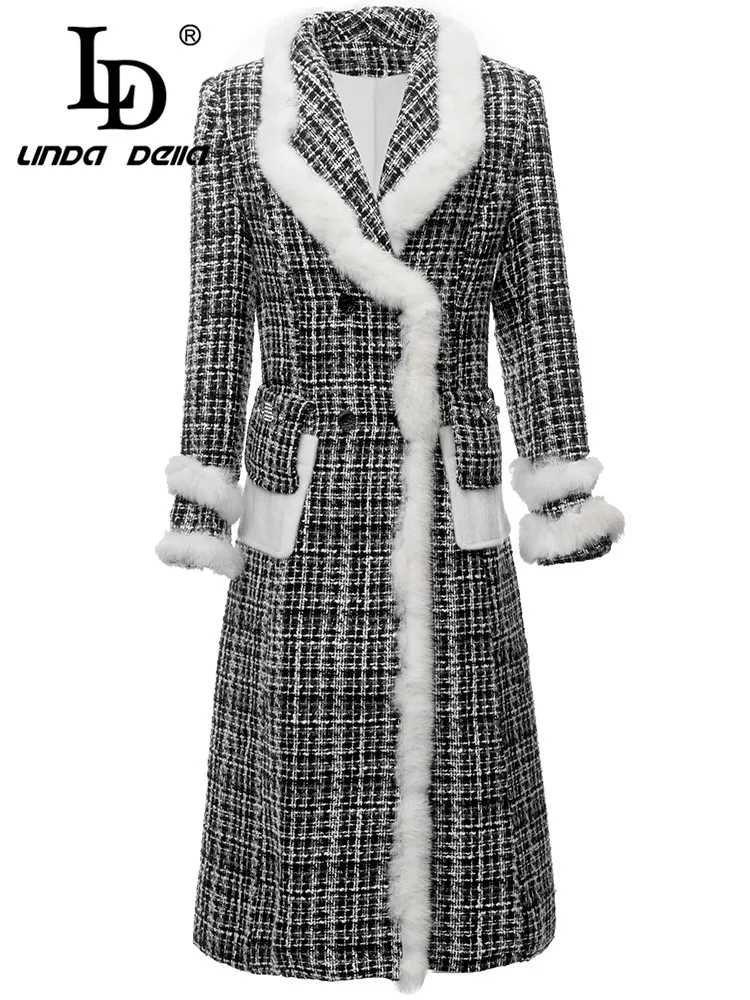 

LD LINDA DELLA Autumn and winter Runway Vintage Coat Women's Solid Color Splice long sleeve Double-breasted warm Woolen coat